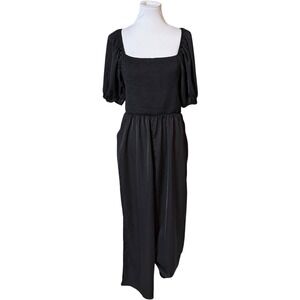 Welove Fashion Jumpsuit Women‎ XL Black Smocked Puff Sleeve Tie Back Wide Leg